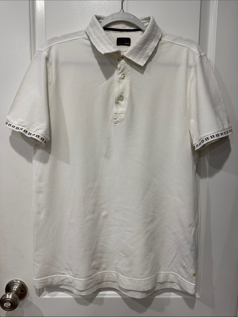 Fendi Cream Short-Sleeve Polo with Logo Trim